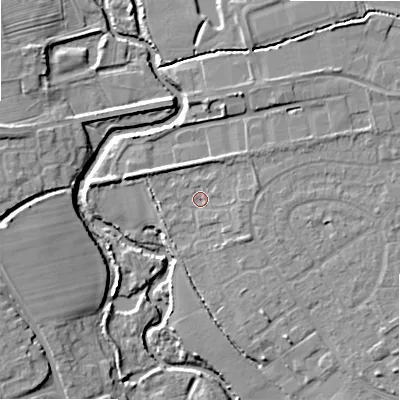 Shaded relief map of the ground around B496BN, computed from Environment Agency LiDAR. The ground here sits at about 43 m above sea level and falls 10 m across the surrounding 800 m. Surface water reaching this point runs off ground lying to the east-north-east, 2.2 m higher.