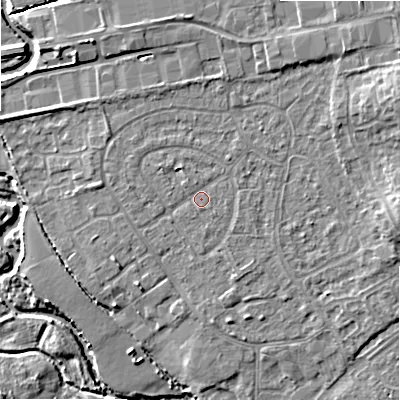 Shaded relief map of the ground around B496BQ, computed from Environment Agency LiDAR. The ground here sits at about 44 m above sea level and falls 11 m across the surrounding 800 m. Surface water reaching this point runs off ground lying to the north-north-west, 0.9 m higher.