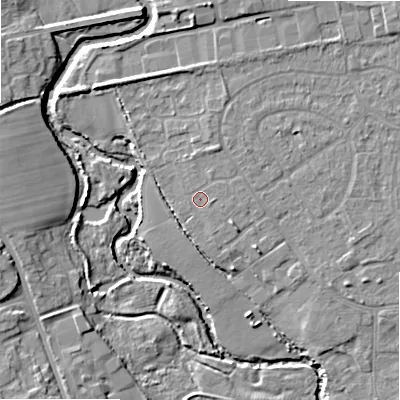 Shaded relief map of the ground around B496BW, computed from Environment Agency LiDAR. The ground here sits at about 43 m above sea level and falls 9 m across the surrounding 800 m. Surface water reaching this point runs off ground lying to the east-north-east, 1.3 m higher.