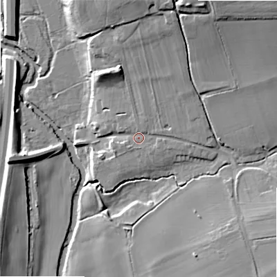 Shaded relief map of the ground around B496DA, computed from Environment Agency LiDAR. The ground here sits at about 38 m above sea level and falls 23 m across the surrounding 800 m. Surface water reaching this point runs off ground lying to the north, 12.3 m higher.