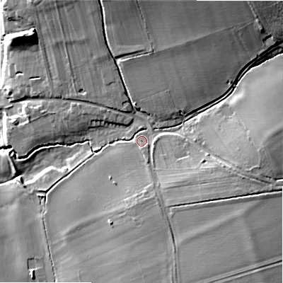 Shaded relief map of the ground around B496DG, computed from Environment Agency LiDAR. The ground here sits at about 38 m above sea level and falls 18 m across the surrounding 800 m. Surface water reaching this point runs off ground lying to the south-east, 8.3 m higher.
