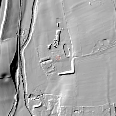 Shaded relief map of the ground around B496DL, computed from Environment Agency LiDAR. The ground here sits at about 33 m above sea level and falls 22 m across the surrounding 800 m. The ground contributing surface water to this point lies to the east-north-east.