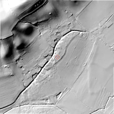 Shaded relief map of the ground around B496EA, computed from Environment Agency LiDAR. The ground here sits at about 55 m above sea level and falls 59 m across the surrounding 800 m. Surface water reaching this point runs off ground lying to the north, 2.1 m higher.