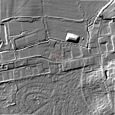 Shaded relief map of the ground around B496EP, computed from Environment Agency LiDAR. The ground here sits at about 46 m above sea level and falls 11 m across the surrounding 800 m. Surface water reaching this point runs off ground lying to the north-east, 9.4 m higher.