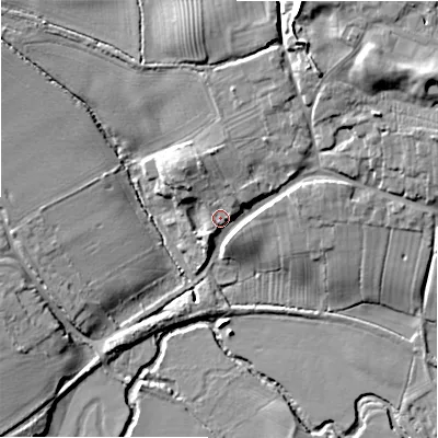 Shaded relief map of the ground around B496HR, computed from Environment Agency LiDAR. The ground here sits at about 50 m above sea level and falls 23 m across the surrounding 800 m. Surface water reaching this point runs off ground lying to the north-north-west, 6.2 m higher.