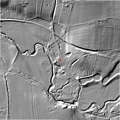 Shaded relief map of the ground around B496JA, computed from Environment Agency LiDAR. The ground here sits at about 47 m above sea level and falls 15 m across the surrounding 800 m. Surface water reaching this point runs off ground lying to the east-north-east, 6.2 m higher.