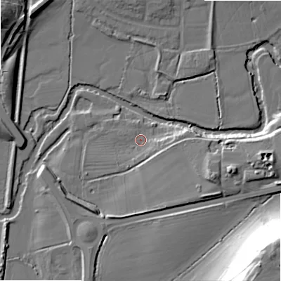 Shaded relief map of the ground around B496LL, computed from Environment Agency LiDAR. The ground here sits at about 39 m above sea level and falls 41 m across the surrounding 800 m. Surface water reaching this point runs off ground lying to the east-south-east, 3.8 m higher.