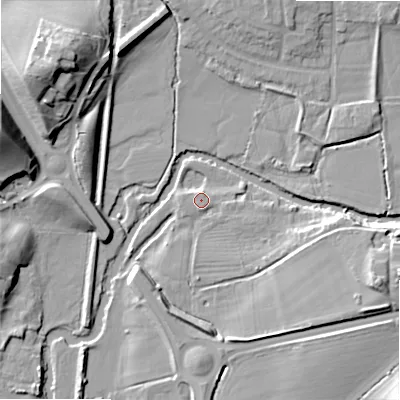 Shaded relief map of the ground around B496LP, computed from Environment Agency LiDAR. The ground here sits at about 38 m above sea level and falls 21 m across the surrounding 800 m. Surface water reaching this point runs off ground lying to the east, 2.7 m higher.