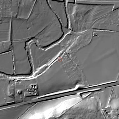 Shaded relief map of the ground around B496LQ, computed from Environment Agency LiDAR. The ground here sits at about 43 m above sea level and falls 40 m across the surrounding 800 m. Surface water reaching this point runs off ground lying to the south-south-east, 6.5 m higher.