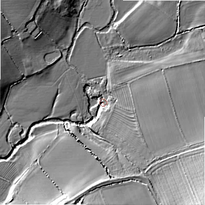 Shaded relief map of the ground around B496LS, computed from Environment Agency LiDAR. The ground here sits at about 43 m above sea level and falls 21 m across the surrounding 800 m. Surface water reaching this point runs off ground lying to the east-south-east, 11.8 m higher.