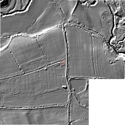 Shaded relief map of the ground around B496LT, computed from Environment Agency LiDAR. The ground here sits at about 48 m above sea level and falls 8 m across the surrounding 800 m. Surface water reaching this point runs off ground lying to the south, 2.1 m higher.