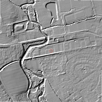 Shaded relief map of the ground around B496PU, computed from Environment Agency LiDAR. The ground here sits at about 44 m above sea level and falls 10 m across the surrounding 800 m. Surface water reaching this point runs off ground lying to the east, 1.7 m higher.