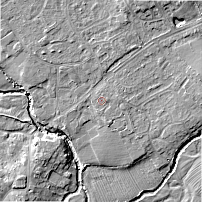 Shaded relief map of the ground around B496PX, computed from Environment Agency LiDAR. The ground here sits at about 43 m above sea level and falls 13 m across the surrounding 800 m. Surface water reaching this point runs off ground lying to the east, 1.2 m higher.