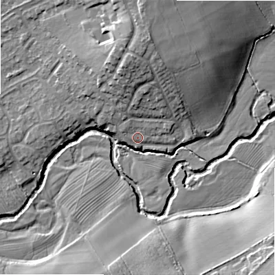 Shaded relief map of the ground around B496QH, computed from Environment Agency LiDAR. The ground here sits at about 44 m above sea level and falls 14 m across the surrounding 800 m. Surface water reaching this point runs off ground lying to the north, 8.1 m higher.