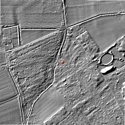 Shaded relief map of the ground around B504AX, computed from Environment Agency LiDAR. The ground here sits at about 34 m above sea level and falls 9 m across the surrounding 800 m. Surface water reaching this point runs off ground lying to the north-east, 3.9 m higher.