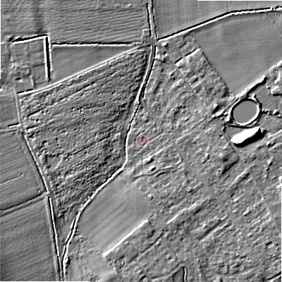 Shaded relief map of the ground around B504AY, computed from Environment Agency LiDAR. The ground here sits at about 34 m above sea level and falls 9 m across the surrounding 800 m. Surface water reaching this point runs off ground lying to the east-south-east, 2.5 m higher.