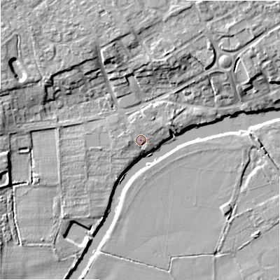 Shaded relief map of the ground around B504BB, computed from Environment Agency LiDAR. The ground here sits at about 30 m above sea level and falls 12 m across the surrounding 800 m. Surface water reaching this point runs off ground lying to the west, 1.8 m higher.