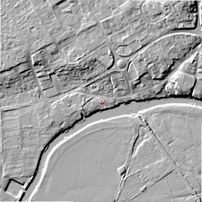Shaded relief map of the ground around B504BG, computed from Environment Agency LiDAR. The ground here sits at about 30 m above sea level and falls 17 m across the surrounding 800 m. Surface water reaching this point runs off ground lying to the north-north-east, 5.5 m higher.