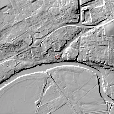 Shaded relief map of the ground around B504BQ, computed from Environment Agency LiDAR. The ground here sits at about 31 m above sea level and falls 24 m across the surrounding 800 m. Surface water reaching this point runs off ground lying to the north-east, 10.1 m higher.