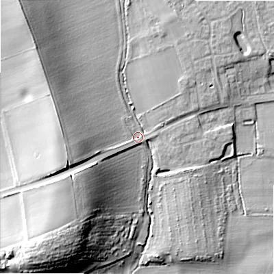 Shaded relief map of the ground around B504EU, computed from Environment Agency LiDAR. The ground here sits at about 33 m above sea level and falls 21 m across the surrounding 800 m. Surface water reaching this point runs off ground lying to the west-south-west, 16.8 m higher.