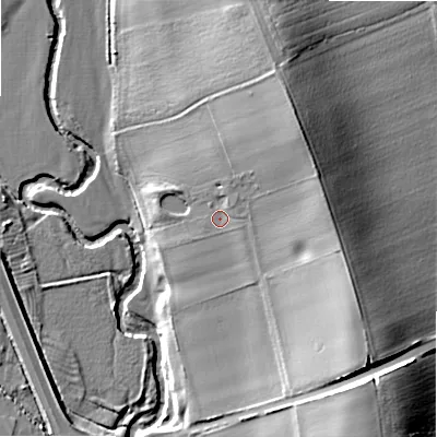 Shaded relief map of the ground around B504EX, computed from Environment Agency LiDAR. The ground here sits at about 35 m above sea level and falls 23 m across the surrounding 800 m. Surface water reaching this point runs off ground lying to the north-east, 13.3 m higher.