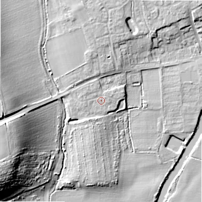 Shaded relief map of the ground around B504GP, computed from Environment Agency LiDAR. The ground here sits at about 33 m above sea level and falls 23 m across the surrounding 800 m. Surface water reaching this point runs off ground lying to the north-north-west, 1.3 m higher.