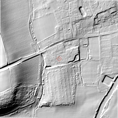 Shaded relief map of the ground around B504GQ, computed from Environment Agency LiDAR. The ground here sits at about 33 m above sea level and falls 23 m across the surrounding 800 m. Surface water reaching this point runs off ground lying to the south, 2.1 m higher.
