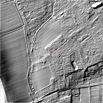 Shaded relief map of the ground around B504GX, computed from Environment Agency LiDAR. The ground here sits at about 35 m above sea level and falls 20 m across the surrounding 800 m. Surface water reaching this point runs off ground lying to the east-south-east, 0.8 m higher.
