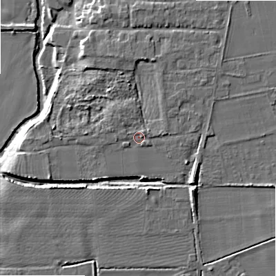 Shaded relief map of the ground around B504HB, computed from Environment Agency LiDAR. The ground here sits at about 36 m above sea level and falls 11 m across the surrounding 800 m. Surface water reaching this point runs off ground lying to the north-east, 1.1 m higher.