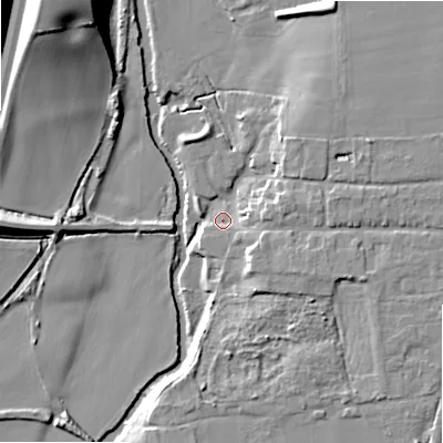 Shaded relief map of the ground around B504HN, computed from Environment Agency LiDAR. The ground here sits at about 32 m above sea level and falls 22 m across the surrounding 800 m. Surface water reaching this point runs off ground lying to the east-south-east, 6.8 m higher.