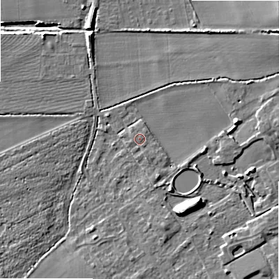 Shaded relief map of the ground around B504HQ, computed from Environment Agency LiDAR. The ground here sits at about 35 m above sea level and falls 9 m across the surrounding 800 m. Surface water reaching this point runs off ground lying to the south-south-east, 0.6 m higher.