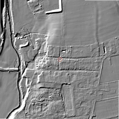 Shaded relief map of the ground around B504HR, computed from Environment Agency LiDAR. The ground here sits at about 36 m above sea level and falls 12 m across the surrounding 800 m. Surface water reaching this point runs off ground lying to the north-east, 3.0 m higher.