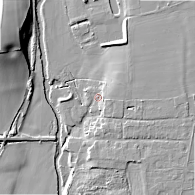 Shaded relief map of the ground around B504HT, computed from Environment Agency LiDAR. The ground here sits at about 33 m above sea level and falls 22 m across the surrounding 800 m. Surface water reaching this point runs off ground lying to the east, 5.2 m higher.
