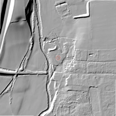 Shaded relief map of the ground around B504HZ, computed from Environment Agency LiDAR. The ground here sits at about 32 m above sea level and falls 23 m across the surrounding 800 m. Surface water reaching this point runs off ground lying to the north-north-west, 2.2 m higher.