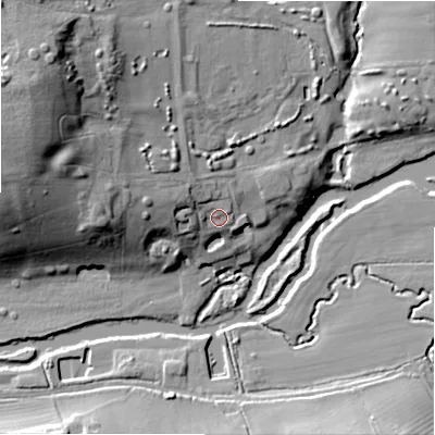 Shaded relief map of the ground around B504LY, computed from Environment Agency LiDAR. The ground here sits at about 37 m above sea level and falls 39 m across the surrounding 800 m. Surface water reaching this point runs off ground lying to the west-north-west, 6.8 m higher.