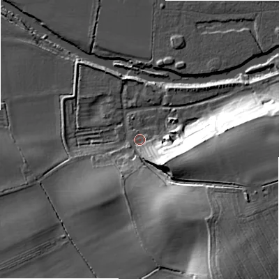 Shaded relief map of the ground around B504ND, computed from Environment Agency LiDAR. The ground here sits at about 30 m above sea level and falls 27 m across the surrounding 800 m. Surface water reaching this point runs off ground lying to the south-east, 23.0 m higher.