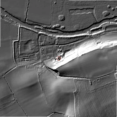 Shaded relief map of the ground around B504NP, computed from Environment Agency LiDAR. The ground here sits at about 33 m above sea level and falls 27 m across the surrounding 800 m. Surface water reaching this point runs off ground lying to the east-south-east, 19.8 m higher.