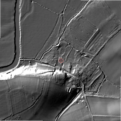 Shaded relief map of the ground around B504NT, computed from Environment Agency LiDAR. The ground here sits at about 29 m above sea level and falls 31 m across the surrounding 800 m. Surface water reaching this point runs off ground lying to the south-west, 27.8 m higher.