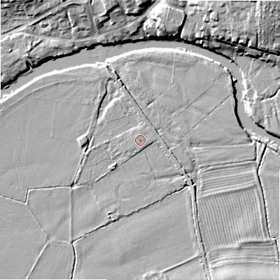 Shaded relief map of the ground around B504PQ, computed from Environment Agency LiDAR. The ground here sits at about 29 m above sea level and falls 12 m across the surrounding 800 m. The ground contributing surface water to this point lies to the east-north-east.