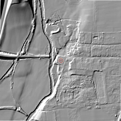 Shaded relief map of the ground around B504PS, computed from Environment Agency LiDAR. The ground here sits at about 33 m above sea level and falls 21 m across the surrounding 800 m. Surface water reaching this point runs off ground lying to the east-south-east, 4.9 m higher.