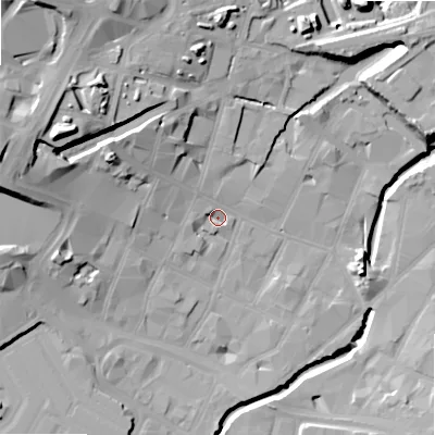 Shaded relief map of the ground around B55BL, computed from Environment Agency LiDAR. The ground here sits at about 103 m above sea level and falls 32 m across the surrounding 800 m. Surface water reaching this point runs off ground lying to the north-west, 12.2 m higher.