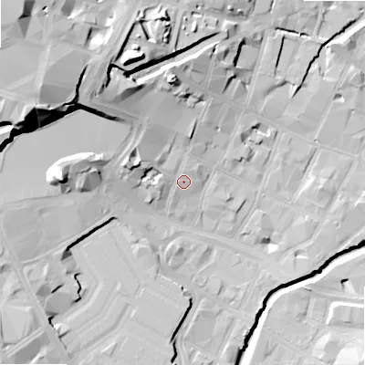 Shaded relief map of the ground around B55LS, computed from Environment Agency LiDAR. The ground here sits at about 106 m above sea level and falls 36 m across the surrounding 800 m. Surface water reaching this point runs off ground lying to the north-west, 27.3 m higher.