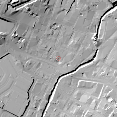 Shaded relief map of the ground around B55NF, computed from Environment Agency LiDAR. The ground here sits at about 103 m above sea level and falls 32 m across the surrounding 800 m. Surface water reaching this point runs off ground lying to the north-west, 24.4 m higher.