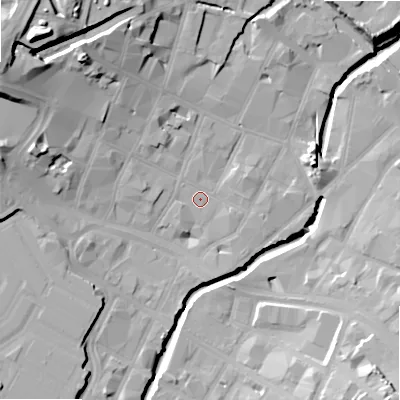 Shaded relief map of the ground around B55NH, computed from Environment Agency LiDAR. The ground here sits at about 103 m above sea level and falls 32 m across the surrounding 800 m. Surface water reaching this point runs off ground lying to the west-south-west, 1.1 m higher.