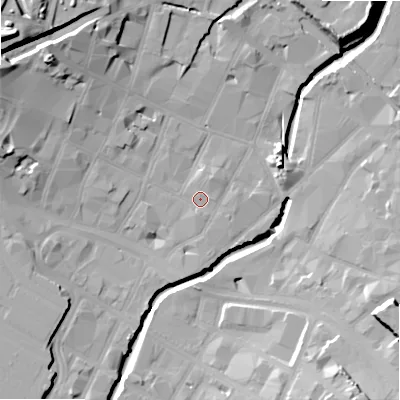 Shaded relief map of the ground around B55NJ, computed from Environment Agency LiDAR. The ground here sits at about 103 m above sea level and falls 32 m across the surrounding 800 m. Surface water reaching this point runs off ground lying to the south-south-west, 1.0 m higher.