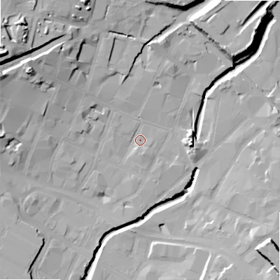 Shaded relief map of the ground around B55NL, computed from Environment Agency LiDAR. The ground here sits at about 102 m above sea level and falls 32 m across the surrounding 800 m. Surface water reaching this point runs off ground lying to the west-north-west, 17.5 m higher.