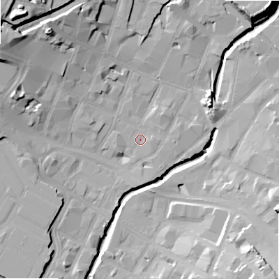 Shaded relief map of the ground around B55NQ, computed from Environment Agency LiDAR. The ground here sits at about 103 m above sea level and falls 32 m across the surrounding 800 m. Surface water reaching this point runs off ground lying to the north-west, 18.9 m higher.