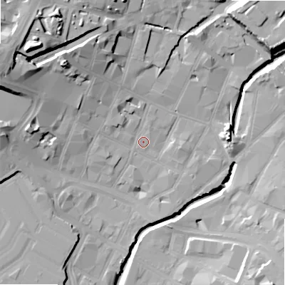 Shaded relief map of the ground around B55NR, computed from Environment Agency LiDAR. The ground here sits at about 103 m above sea level and falls 32 m across the surrounding 800 m. Surface water reaching this point runs off ground lying to the west-north-west, 16.9 m higher.