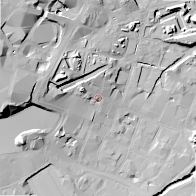 Shaded relief map of the ground around B55PG, computed from Environment Agency LiDAR. The ground here sits at about 110 m above sea level and falls 37 m across the surrounding 800 m. Surface water reaching this point runs off ground lying to the north-west, 6.7 m higher.
