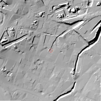 Shaded relief map of the ground around B55PN, computed from Environment Agency LiDAR. The ground here sits at about 104 m above sea level and falls 32 m across the surrounding 800 m. Surface water reaching this point runs off ground lying to the north-west, 23.0 m higher.